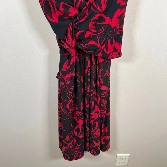 Norma Kamali Faux Wrap Dress Size Large Black Red Floral Jersey Stretch Work - Picture 6 of 12